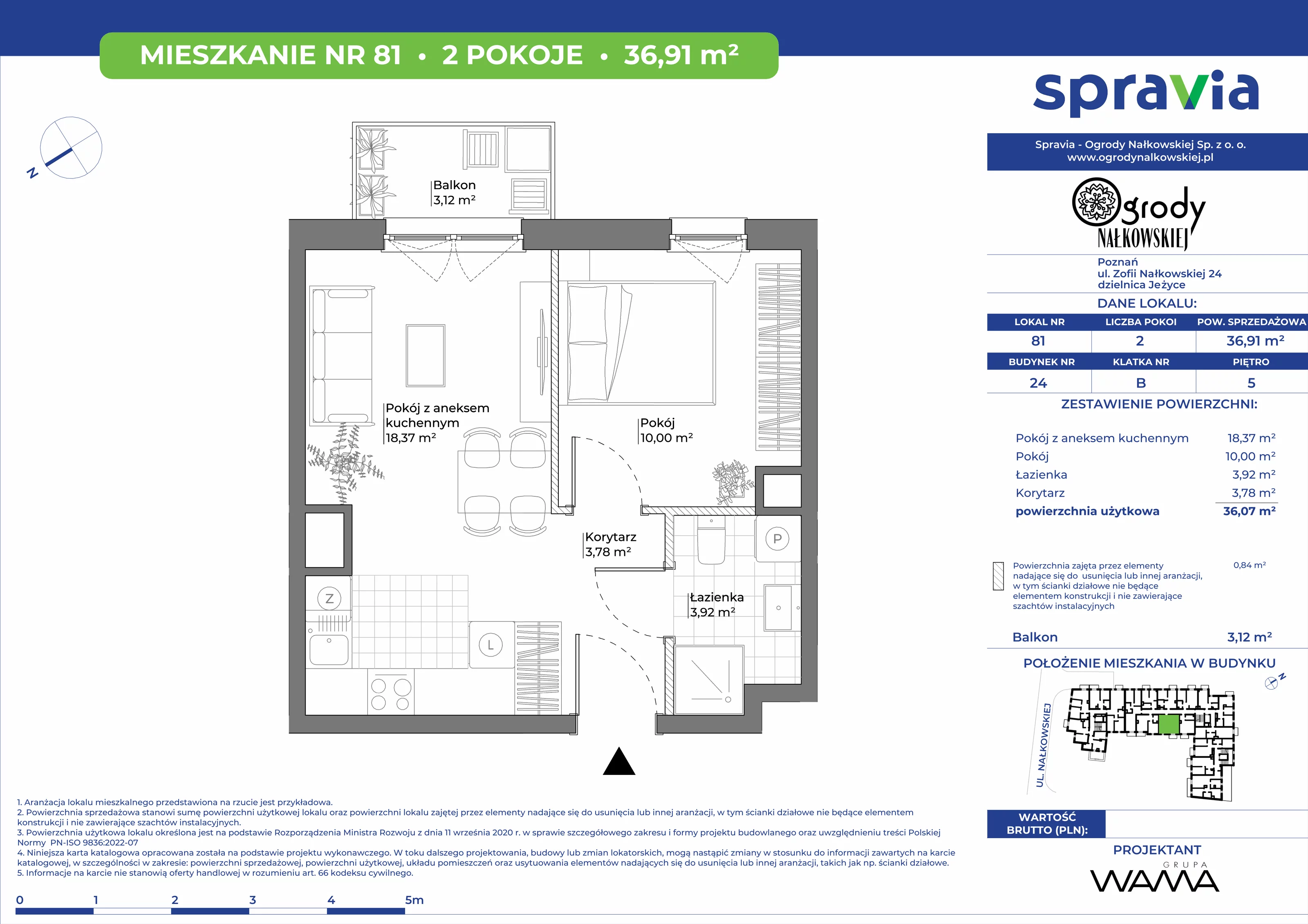 2 pokoje, mieszkanie 36,91 m², piętro 5, oferta nr 24-81, Ogrody Nałkowskiej, Poznań, Ogrody, ul. Nałkowskiej 24, 26